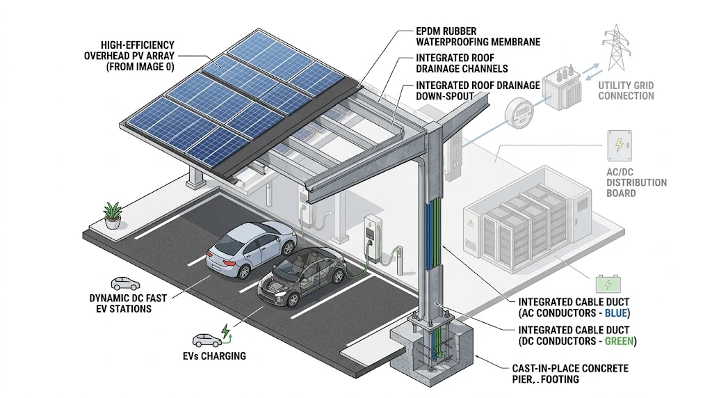 Technical microgrid diagram illustrating a commercial solar carport integrated with energy storage, bi-directional hybrid inverters, and high-power DC fast EV charging stations. Technical microgrid diagram illustrating a commercial solar carport integrated with energy storage, bi-directional hybrid inverters, and high-power DC fast EV charging stations.